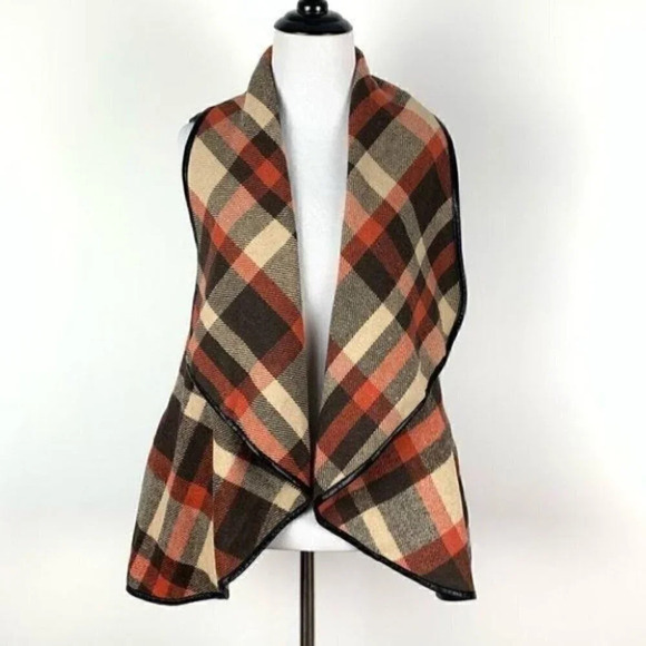 sweater size M plaid open front faux leather - Picture 2 of 9